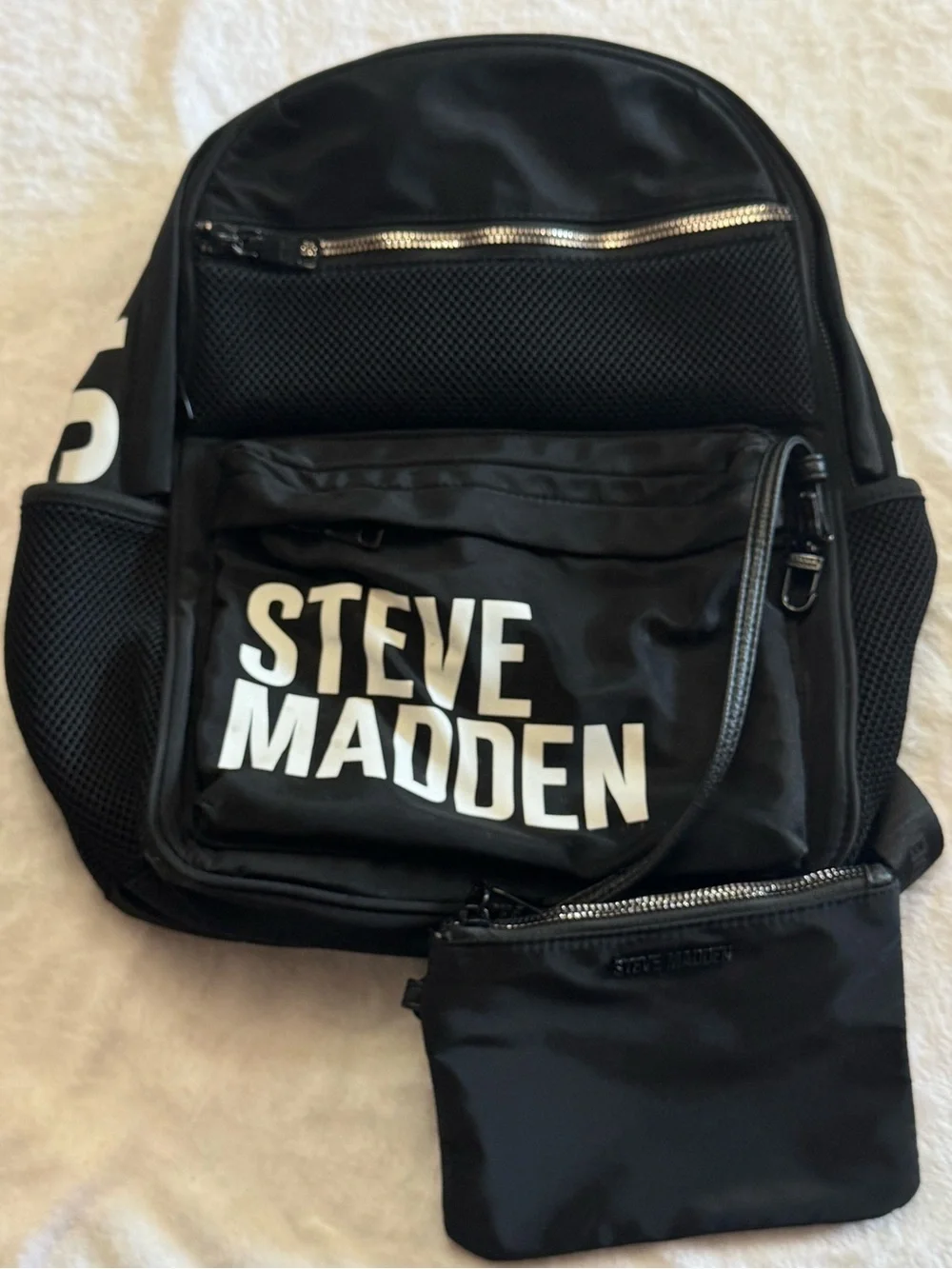 Steve Madden Black Backpack with White Logo and Removable Pouch